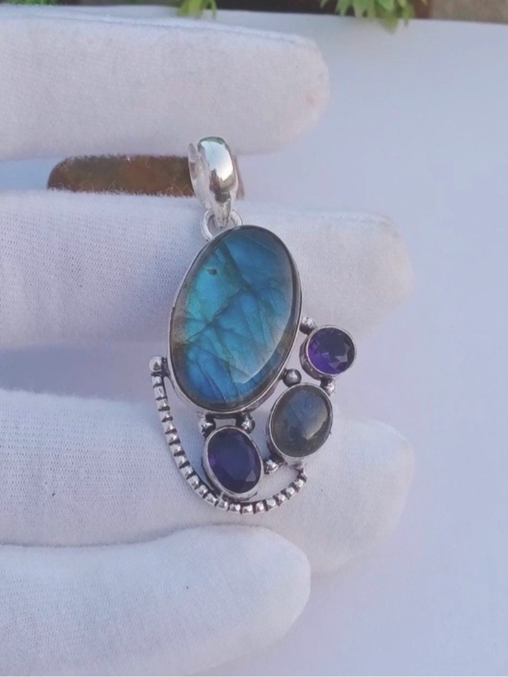 Natural Labradorite & Amethyst Hydro Glass 925 Silver Plated Pendant